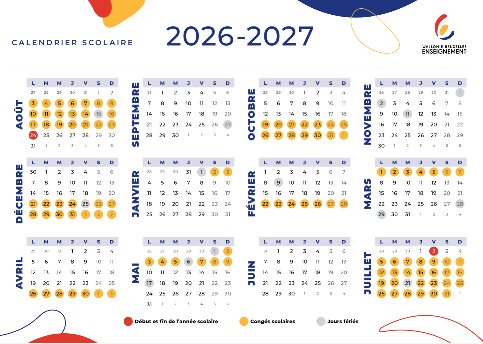 calendrier scolaire 26 - 27